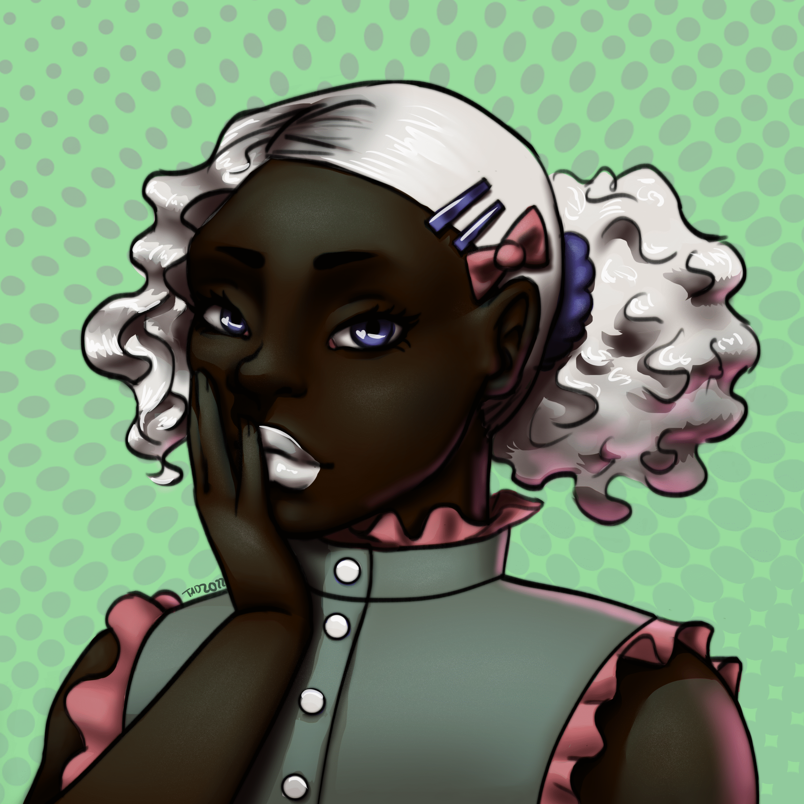 A woman smiles slightly, her hand pressed lightly against her face, covering half of her mouth. She has dark, ebony skin, white curly hair, and white lipstick. She wears a grey sleeveless shirt with pink ruffles in the collar and sleeve edges.