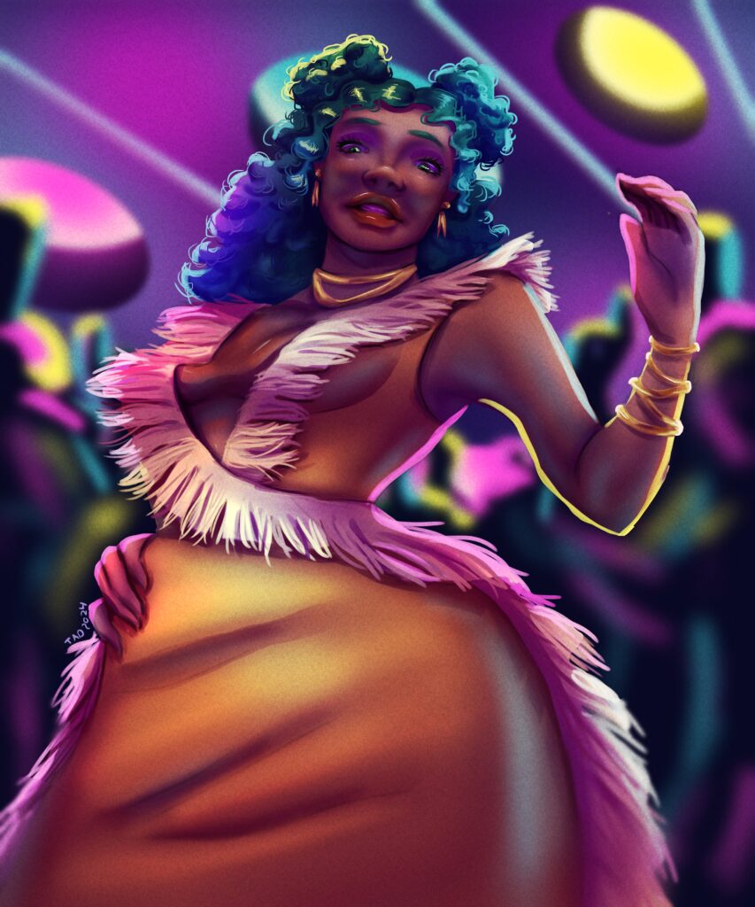 A woman is dancing in a night club, looking down towards the viewer. She is wearing an orange dress with fuzzy tassels that line the seams, her blue hair in a half-up-half down style.