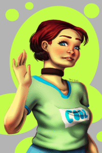 A woman smiles and waves at the viewer. She wears a green shirt with the words "COOL" on it. There are bright green circles behind her in the background.
