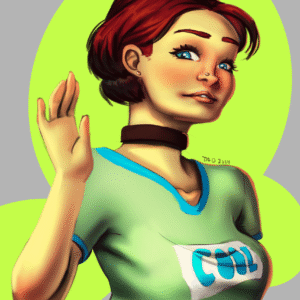 A woman smiles and waves at the viewer. She wears a green shirt with the words "COOL" on it. There are bright green circles behind her in the background.