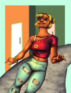 A woman walks on a stone sidewalk through a city, a happy expression on her face. She wears a reddish pink shirt and blue ripped jeans. There are two buildings in the background.