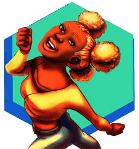 A woman is looking up towards the viewer, she wears a bright yellow shirt and blue jeans, her hair in three afro puffs. A cyan and blue hexagon sit behind her in the background.