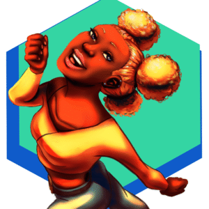 A woman is looking up towards the viewer, she wears a bright yellow shirt and blue jeans, her hair in three afro puffs. A cyan and blue hexagon sit behind her in the background.