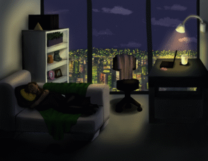 A woman is sleeping on a couch in a home office, in front of a bookshelf and a desk. A chair sits pushed put from the desk, a skirt slumped over the back  of the chair. A lamp on the desk dimly lights the room, casting light  on an open laptop that sits on the desk. 