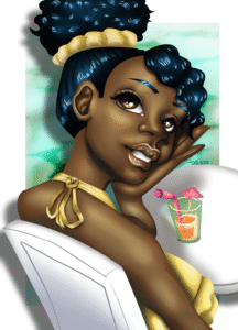 A girl in a yellow bathing suit sits in a white chair at a table, looking back at the viewer, smiling. She enjoys an orange drink sitting on the table. 