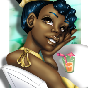 A girl in a yellow bathing suit sits in a white chair at a table, looking back at the viewer, smiling. She enjoys an orange drink sitting on the table.