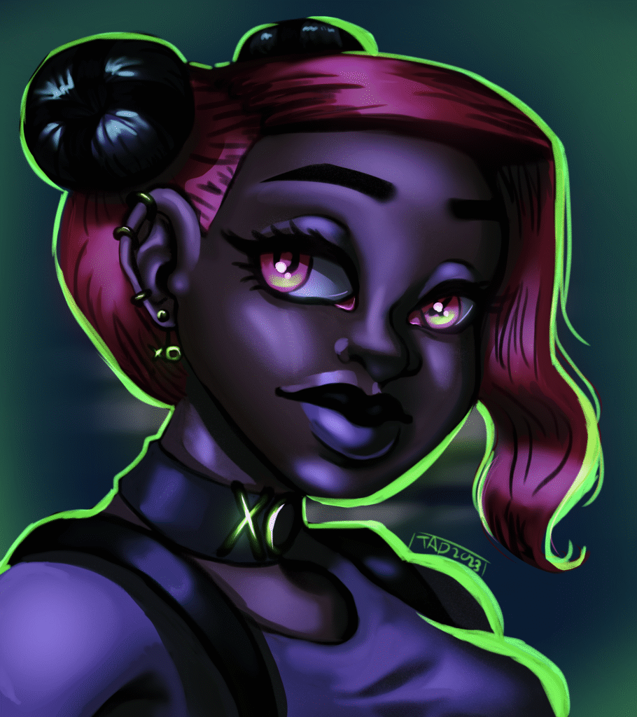 A girl smiles at the viewer, she is in a dark room lit with bright, neon lights. She has pink and navy blue hair in twin buns, pink eyes, and medium brown skin. She wears a black choker with "XO" in glowing green letters, with a purple shirt and black suspenders. She is lit in a bright neon green behind her, giving her a glowing green rim.