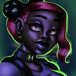 A girl smiles at the viewer, she is in a dark room lit with bright, neon lights. She has pink and navy blue hair in twin buns, pink eyes, and medium brown skin. She wears a black choker with "XO" in glowing green letters, with a purple shirt and black suspenders. She is lit in a bright neon green behind her, giving her a glowing green rim.
