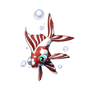 A goldfish with protruding blueish-green eyes, striped fins and a red and cream-white pattern similar in style to a koi fish.