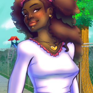 A woman is walking on the sidewalk, a park on the other side of a fence in the background. The woman is wearing a bright purple long-sleeved shirt with pink ruffles on the hems. She also wears a blue denim skirt with a hot pink belt with a gold buckle. She has long, slighlty loose-curly brown hair, in a half-up-half-down style.